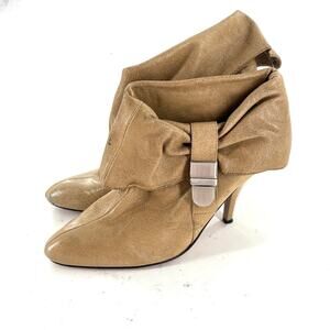 Dolce Vita Foldover Leather Booties 8.5 Tan Ankle Boots Heel Buckle Retro Glam